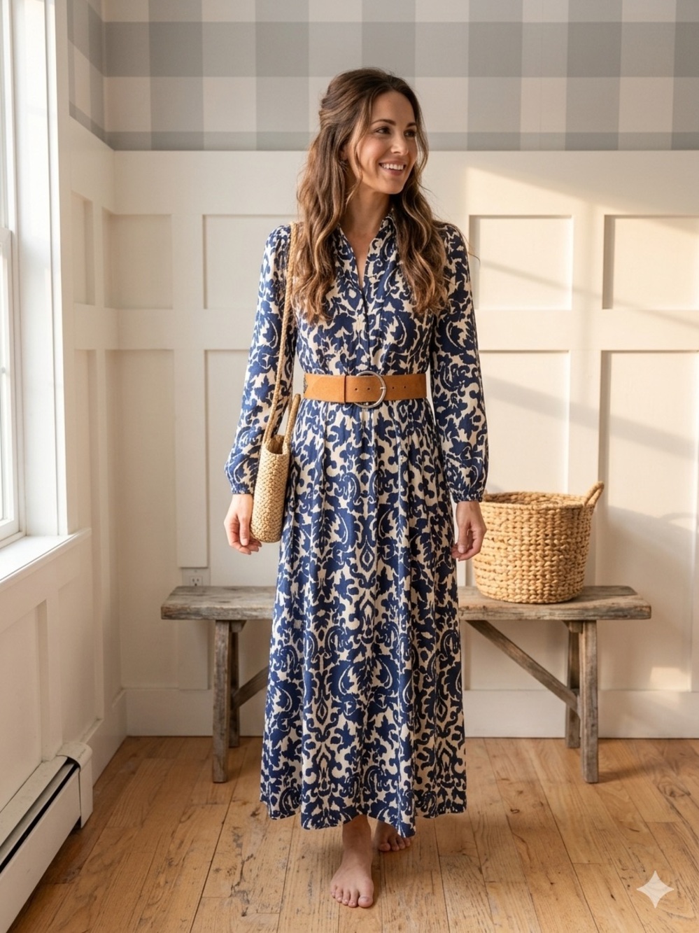 Zara Blue and Cream Floral Maxi Shirt Dress Small